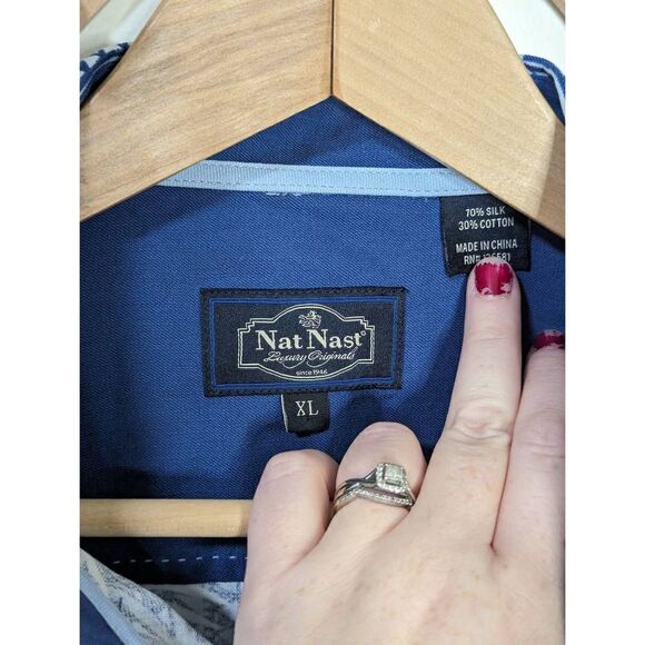 Nat Nast Blue and White Palm Leaf Silk Cotton Blend Button Down Shirt - Size XL - Picture 4 of 6